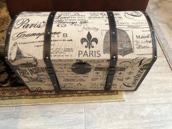 Large fabric covered trunk with a Paris scene