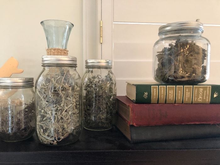 Mason jars. We have plenty for sale. These Re filled with dried Herbs