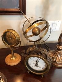 Beautiful collection of brass clock, compass, and sphere