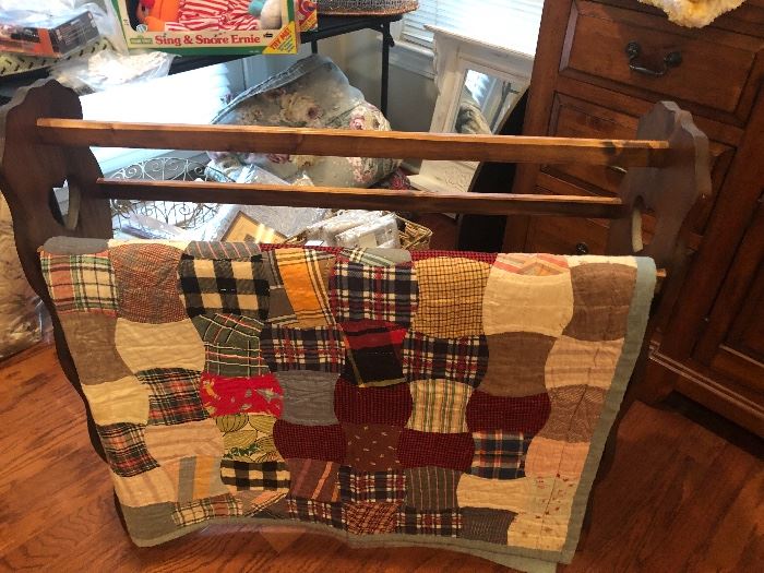 Nice quilt rack and patchwork vintage hand done quilt