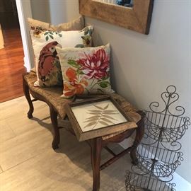 one of two country french benches. gorgeous and timely. a nice wire basket and a beautiful plain wood mirror.