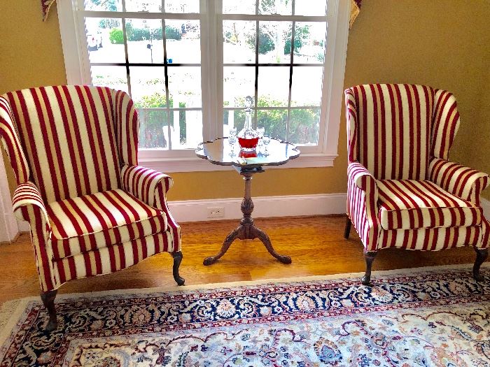 Pair of beautiful red burgundy and white striped chairs