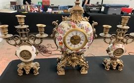 Antique French Eugene Farcot  Clock Porcelain/Bronze w/ Garniture Set	 