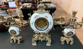 Antique French Eugene Farcot  Clock Porcelain/Bronze w/ Garniture Set	 