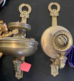 2. Brass Duplex Wall Mount Oil Lamps Sconces PAIR AS-IS	 