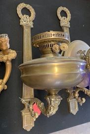2. Brass Duplex Wall Mount Oil Lamps Sconces PAIR AS-IS	 