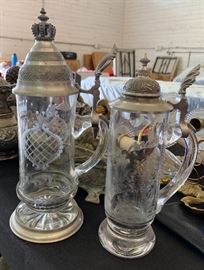 Erbo Zinn Etched Glass Pewter Steins