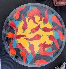 Peggy Karr Chili Pepper Plate Fused Glass 14in	