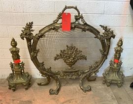 3 pc set Brass Fireplace Screen w/ Andirons Antique	