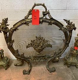 3 pc set Brass Fireplace Screen w/ Andirons Antique	