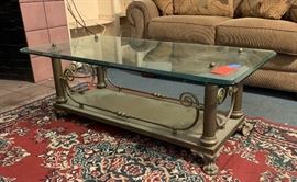 Antique Brass Glass Top Coffee Table claw foot	48x24x16	HxWxD