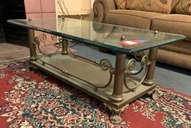 Antique Brass Glass Top Coffee Table claw foot	48x24x16	HxWxD