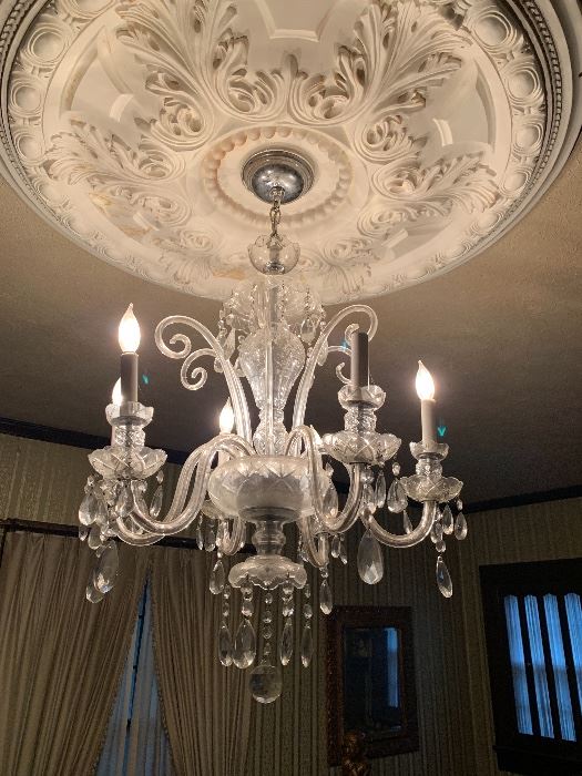 Another view of the vintage crystal chandelier. 