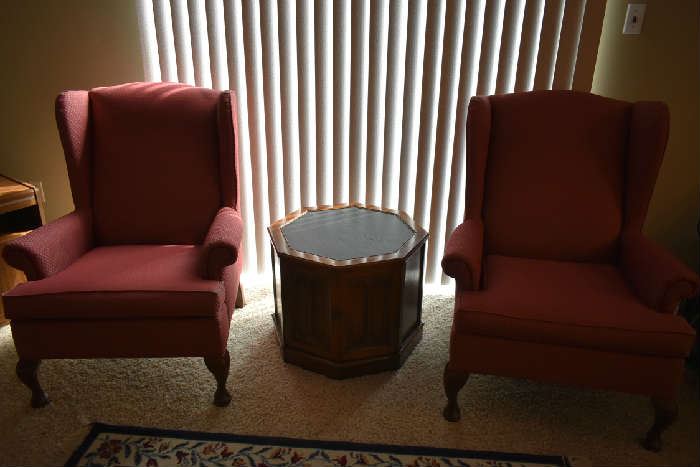 2 WING BACK CHAIRS, SIDE TABLE