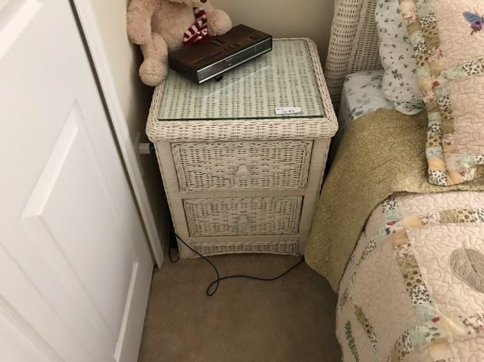 $25.  Wicker bedside table.   
All items MUST be picked up on March 21st or 22nd only.  If you are unable to do this please email rcullen@virtualparalegalny.com PRIOR to purchasing.
Sale has a house full of items available for sale, you are welcome to shop when you pick up your purchased items.  Lots of home decor, 2 closets FULL of ladies clothes and shoes, all like new and name brand, garage stuff, kitchen stuff etc.
GREAT PRICES!