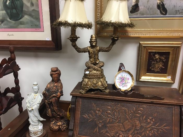 Oriental goddess, vintage double Monkey lamp on an antique walnut orgain from the 1800s
