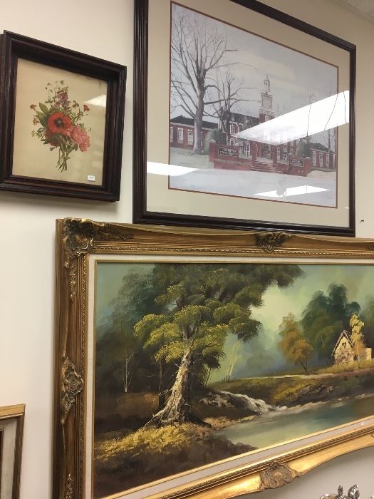 Original European painting, maybe Dutch, Austin Peay campus print by local artist. Antique floral print framed in antique shadow box frame 