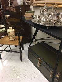 Great ladderback arm chair with vintage ironing board [would be a great sofa or hall table], heavy silverplate tea service. 