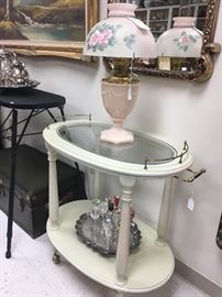 1930s Aladdin vase oil lamp, antique hand painted shade is priced seperatly.   Vintage painted rolling cart with glass insert