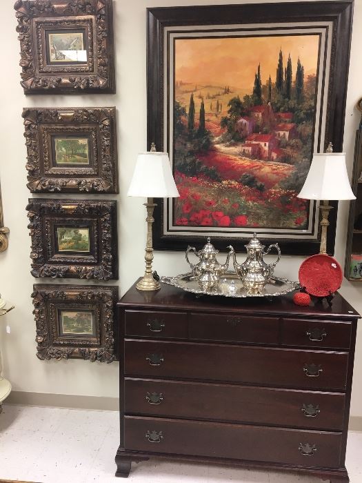 Mahogany 1940s chest, four framed prints with great frames, large Tuscany style picture.  