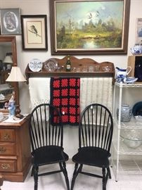 Original canvas of ducks by well known artist, black bow back chairs, collection of afigans 