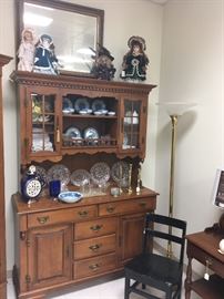 Tell city maple hutch filled with collections of blue & white oriental tea service, depression era breakfast or lunch set