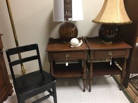 Cherry Willette bedside or end tables, high end ball lamps, painted oak school chair