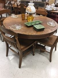 Small round oak pedestal table, four maple chairs, unique snack set