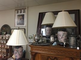 Vintage oriental lamps and shades, some heavy silver plate serving pieces 