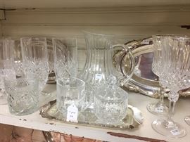  Mikassa sugar and creamer and French crystal pitcher and stemware