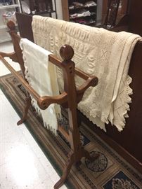 Quilt rack, handmade crochet coverlet