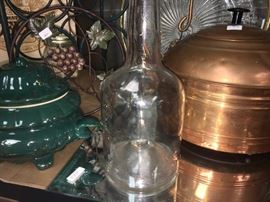 Gold string liquor bottle, copper tea pot