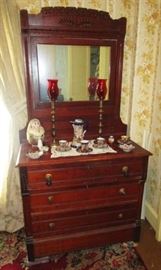 Antique dresser w/ spoon carved mirror, tall brass candle sticks, Japan porcelain/china