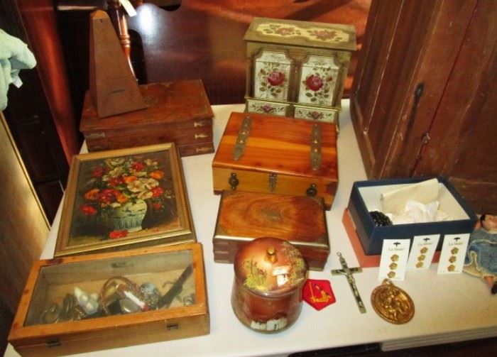 Misc. wooden boxes, jewelry chests, metronome