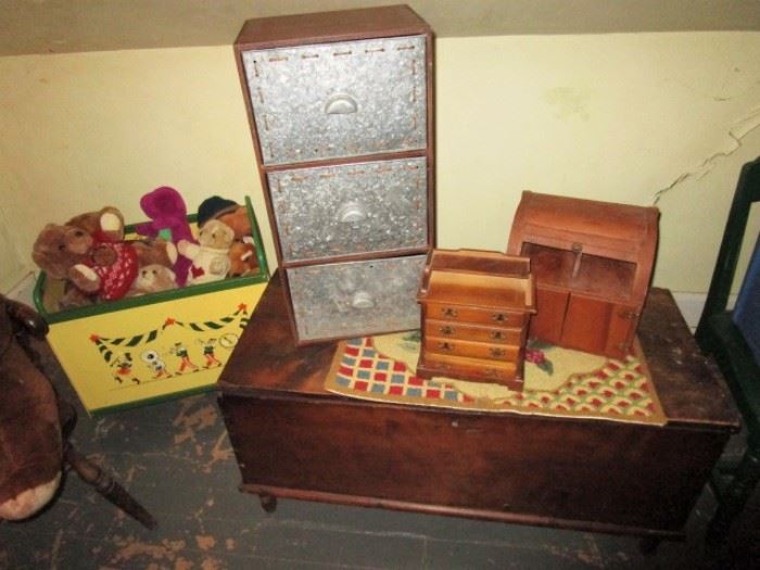 antique chest, wooden jewelry chests, 3 drawer cabinet w/ galvanized drawers, vintage toy box & stuffed animals