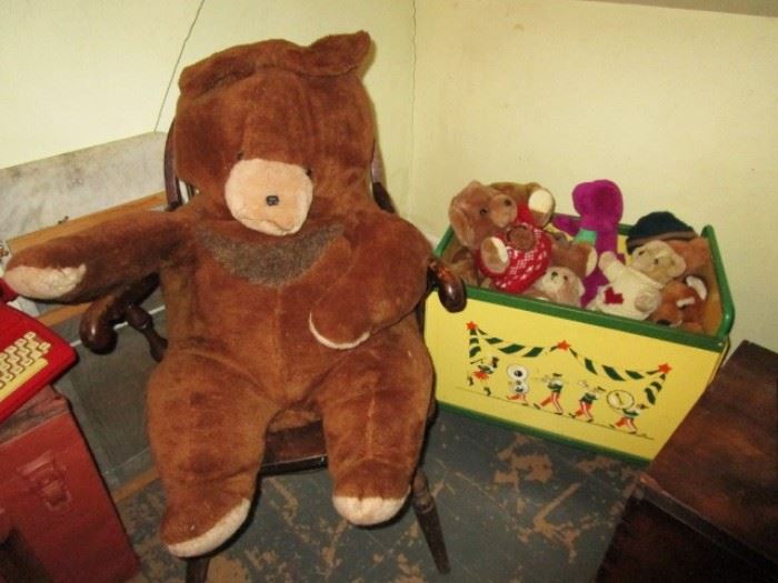 Life size teddy bear, vintage toy box & stuffed animals