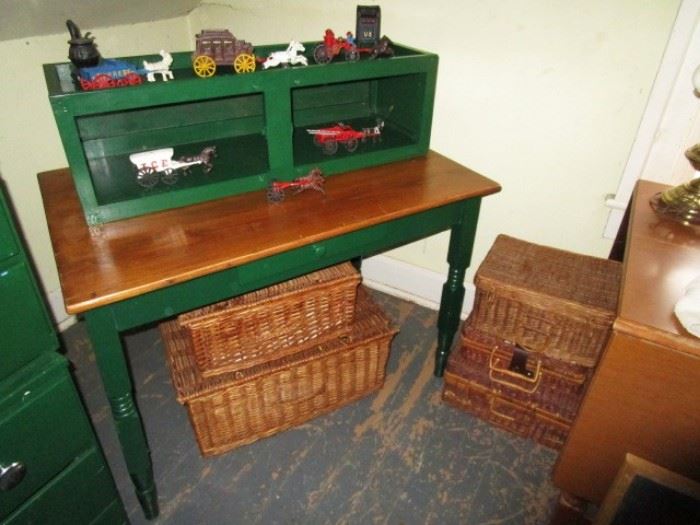 Green w/ wood furniture, wicker boxes, cast iron toys, drop leaf table