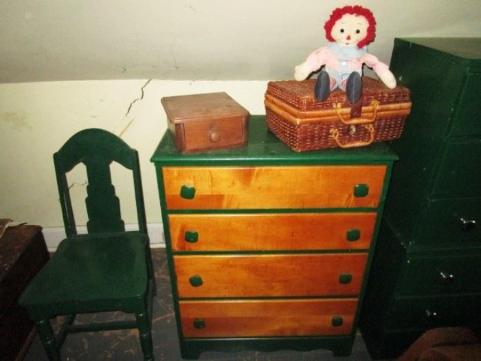 Green/wood furniture, wicker case, antique wooden hankie drawerrr