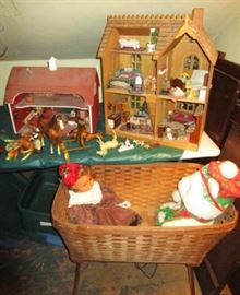 Wooden barn & doll house, accessories, woven bassinet on legs
