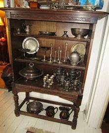 Wooden cabinet (missing doors), many pieces of silver plate & pewter