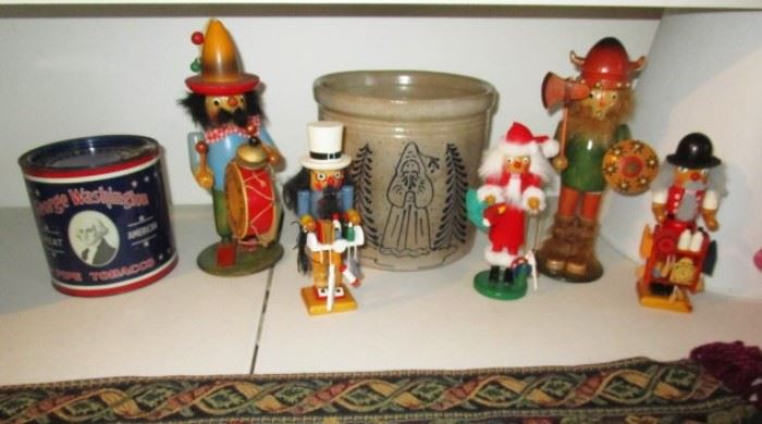 Tobacco tin, nutcrackers, Santa pottery crock