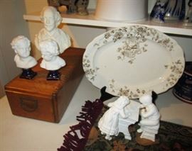 Wooden card catalog/library box, porcelain busts, stone platter, Dept 56 figurines