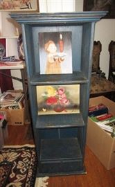 Wooden cabinet, 2 paintings, misc. books