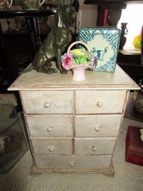 7 drawer painted spice/storage cabinet, bronze dog, metal dog tin, porcelain floral figurine