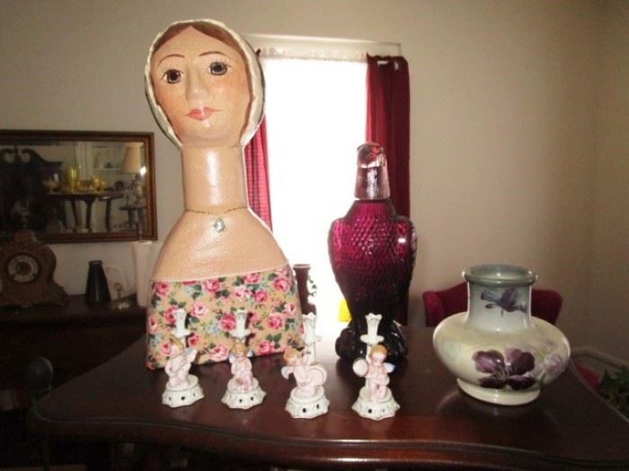 Porcelain candle holder figurines, Weller vase, vintage purple glass decanter, paper hand painted child bust figure