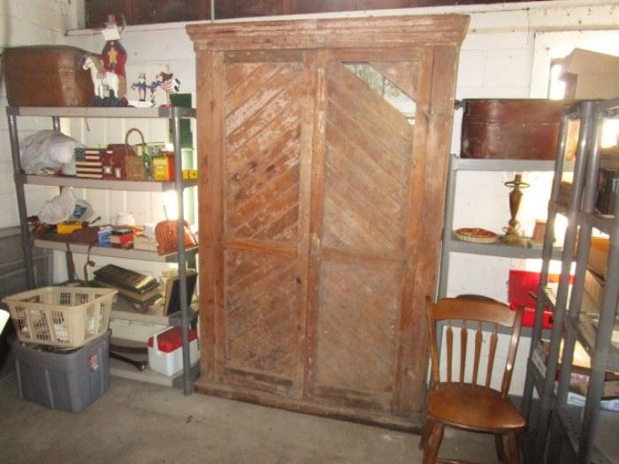 Large antique cupboard (missing one board), copper boilers, wooden decor, misc.