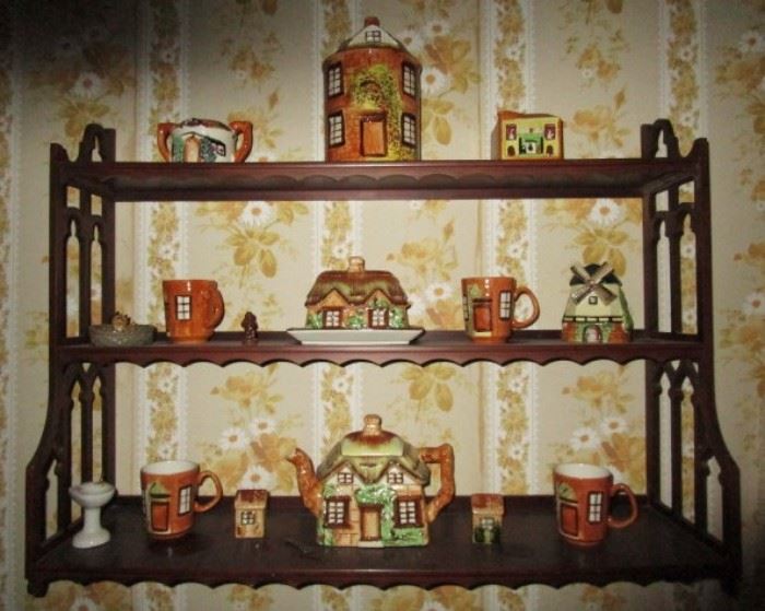 Wooden wall shelf, vintage hand painted teapot, cups, miniatures