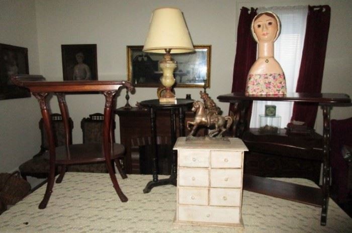 Misc. side tables, marble lamp, 7 drawer spice/storage cabinet, newer painted lady figure, metal man on horse