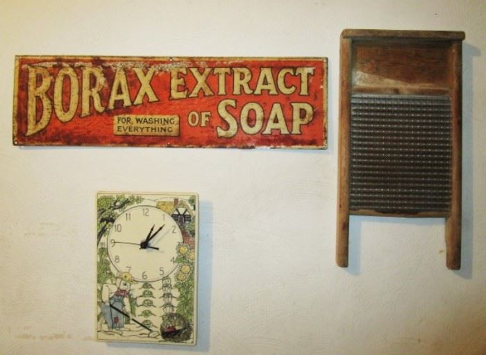 Vintage Borax sign, wash board, porcelain clock