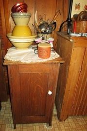 Vintage wooden cupboard, Watt bowl, misc. bowls, vintage kitchen items